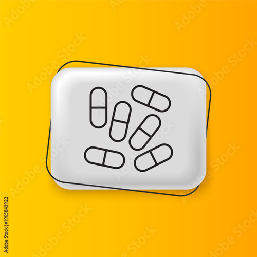 Black Medicine pill or tablet icon isolated on yellow background. Capsule pill and drug sign. Pharmacy design. Silver rectangle button. Vector