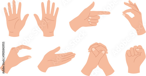 Set of hand gestures and human arm signs, various palms, fingers, and icons for communication, body language vector illustration