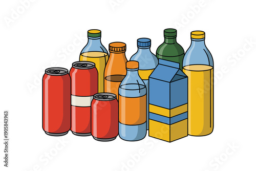 Beverage colorful cartoon illustration with bottles and cans on table
