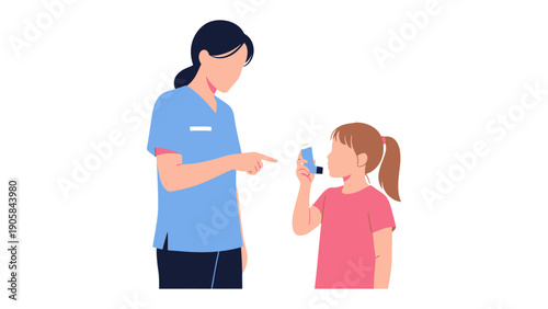 Asthma Treatment: A medical professional guides a young patient through the proper use of an inhaler, promoting respiratory health and well-being.