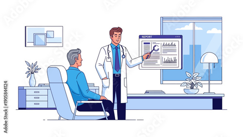 Doctor's Consultation: A healthcare professional points at a display screen, while an older patient listens attentively during a medical consultation in a modern room setting.