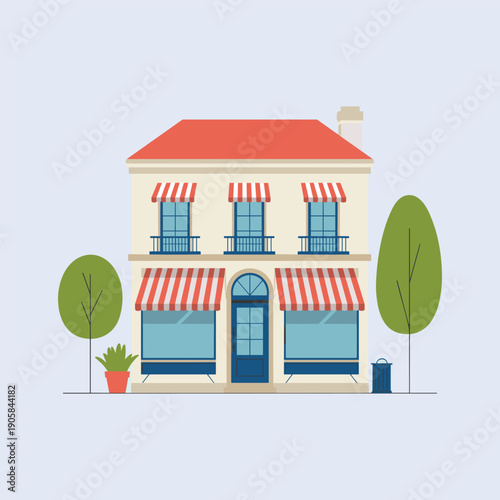 Charming Small Town Shopfront with Red Awnings and Trees
