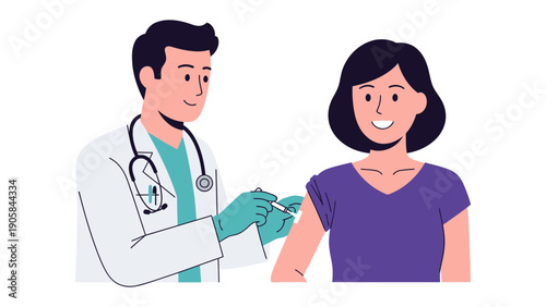 Vaccination Process Illustration: A medical professional administers a vaccine injection into the arm of a patient. Depicting a scene of healthcare and health precaution. 