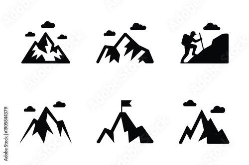 Mountain climbing icons: peaks, summit, flag, and hiker