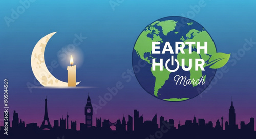 Earth hour march global event with candle and city skyline silhouette at night