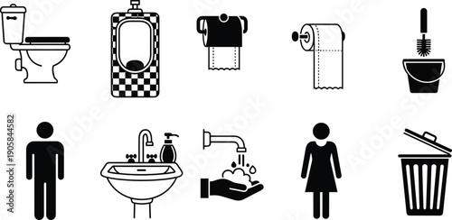 Bathroom icons set toilet sink hygiene restroom sanitation cleaning vector illustration collection design