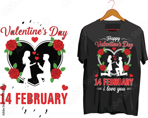 Valentine’s Day 14 February t shirt design, romantic proposal couple silhouette with roses, love holiday typography apparel vector illustration
