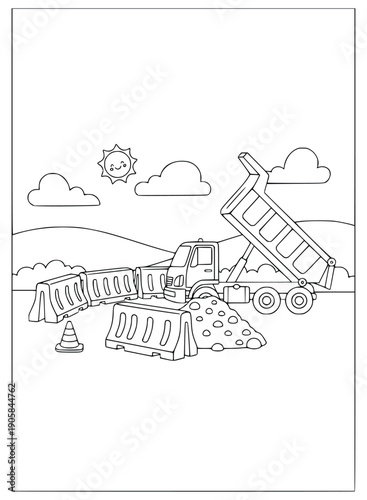Dump truck coloring page features a heavy vehicle for kids to learn and play