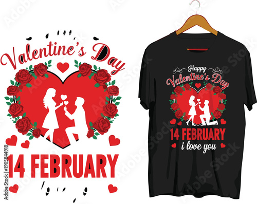 Valentines Day 14 February romantic couple heart rose typography t shirt design, love holiday apparel print, isolated background