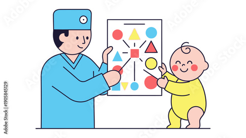Playful Learning in Healthcare: A child and medical doctor collaborate, pointing at a vibrant educational chart, symbolizing early learning and well-being. 