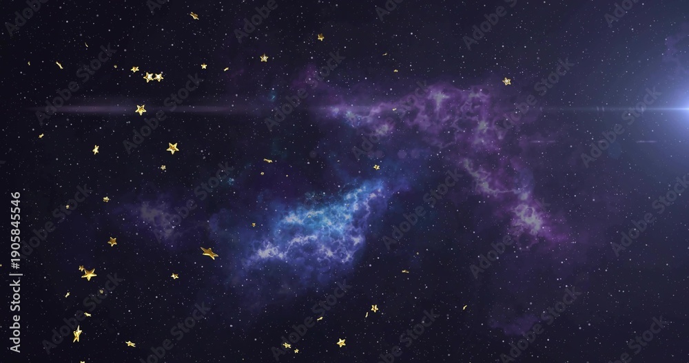 Fototapeta premium Glowing central purple-blue nebula stretching in deep space, with gold confetti, right lens flare