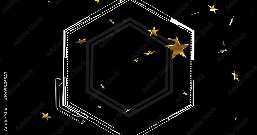Fototapeta premium Showing central hexagon emblem on black with layered lines, dark gray core, gold stars and confetti
