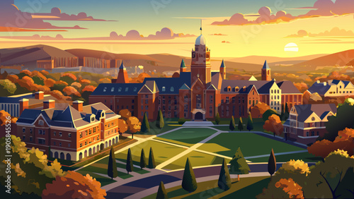 Very beautiful aerial panorama of the University of Pennsylvania campus at sunset, where warm golden light enhances architectural symmetry and reflects the dynamic academic life of an Ivy League insti