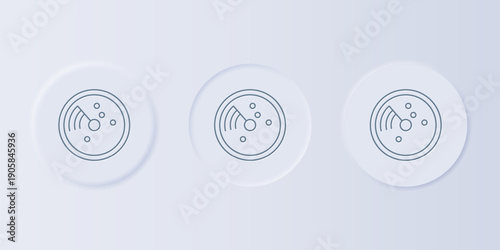 Grey Radar with targets on monitor in searching icon isolated on grey background. Search system. Navy sonar. Set icons in square buttons. Vector