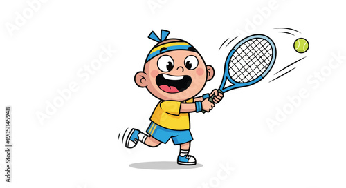 Cheerful cartoon boy playing tennis with a racket on a plain white background.