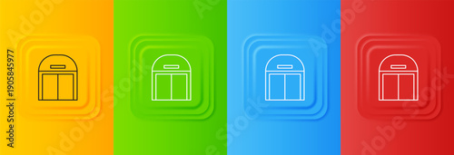 White Aircraft hangar icon isolated on colorful background. Set icons in square buttons. Vector