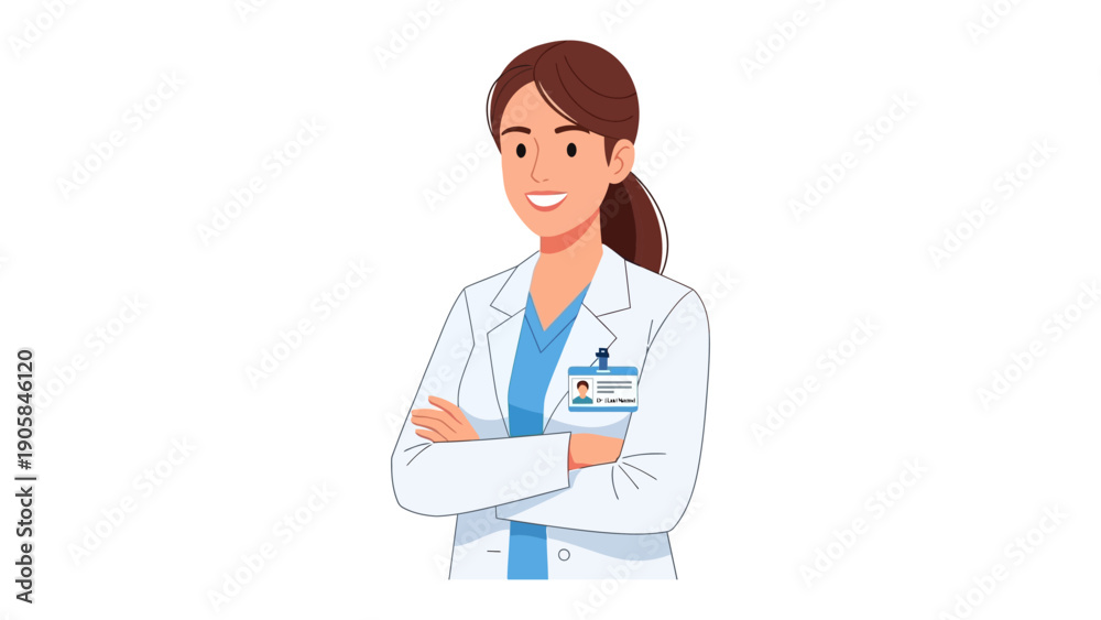 Fototapeta premium Confident Doctor: A skilled doctor exudes competence and care in a medical setting, wearing a lab coat and nametag, ready to assist patients.