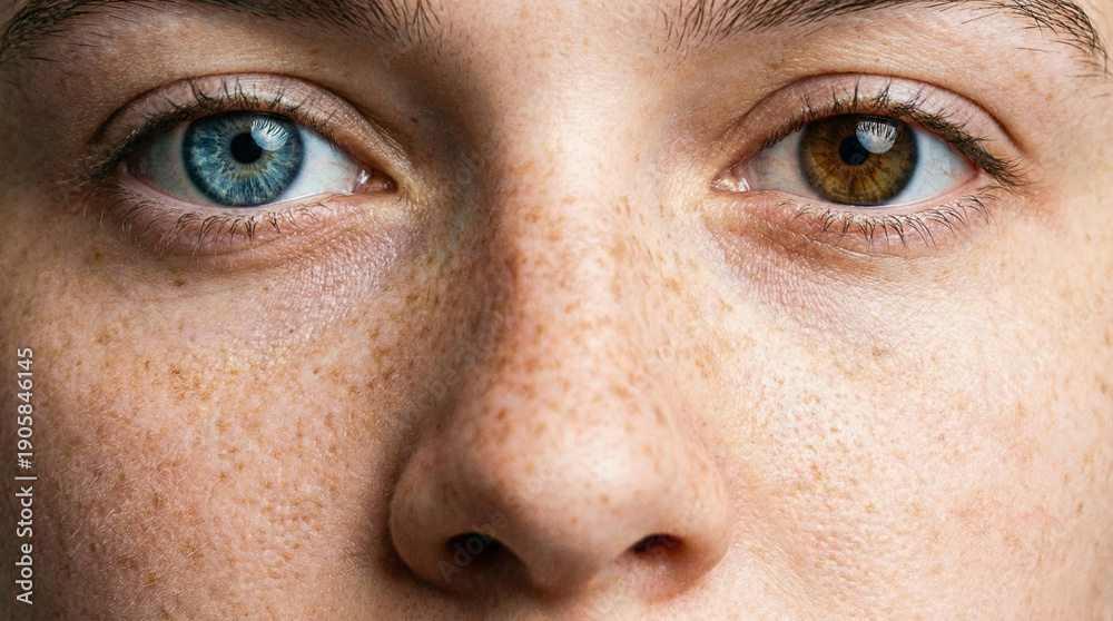 Naklejka premium woman face with heterochromia different colored eyes and freckles