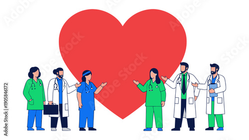 Medical Team's Heartfelt Care: A dedicated medical team stands united, symbolizing compassion and care, in front of a prominent heart, representing the essence of healthcare. 