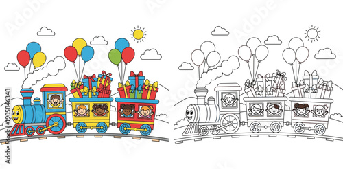 Cute cartoon train with happy children and gifts vector illustration coloring book page showing colored and outline versions for kids activity and education