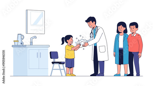 Health Check: A scene of trust and care unfolds as a friendly medical professional offers assistance, guiding a child through a vital health practice.