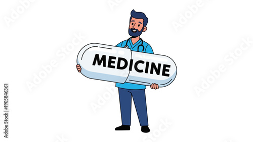 Medical Marvel: A dedicated healthcare professional, stands confidently, embracing a giant capsule bearing the word MEDICINE