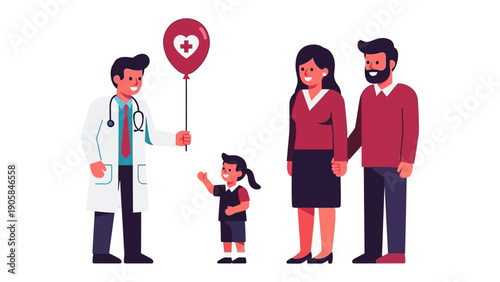 Healthcare Celebration: A doctor extends a cheerful hand towards a young patient, a balloon of health clutched in hand. The parents, stand proudly by their side.