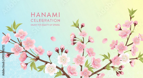 Hanami celebration with cherry blossom branches and pink flowers