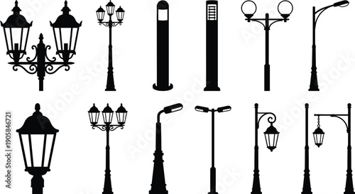 Set of street light silhouettes, vintage lantern post vectors, modern urban lamp poles, and classic outdoor garden lighting design elements