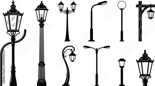 Set of vintage and modern street light silhouettes, antique outdoor lamp posts, urban garden lighting icons, and classic lanterns