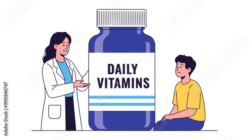 Daily Vitamins Consultation: A doctor discusses the benefits of daily vitamins with a patient, highlighting the significance of health and wellness in a modern lifestyle.