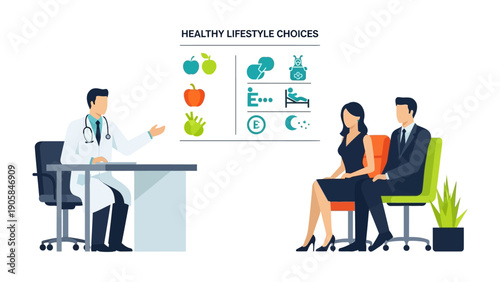 Healthy Lifestyle Consultation: A doctor explains healthy lifestyle options to a couple, presenting nutritional choices and lifestyle habits for their well-being.