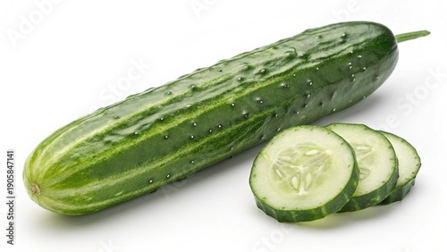 Fresh Green Cucumber with Leaves Isolated on White Background