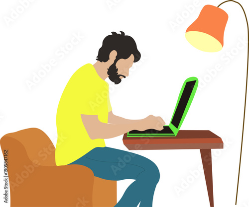 Основные RGBFlat vector illustration of a man working on a laptop at a desk under a lamp. Concept of remote work, freelance, online business, programming, studying or home office. Minimal modern desig