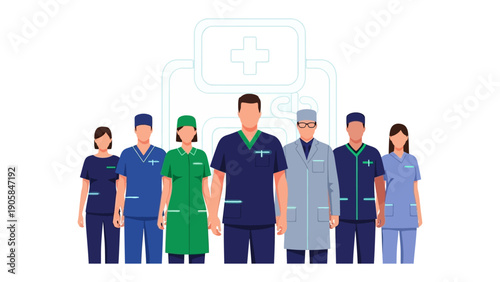Healthcare Heroes United: A determined assembly of dedicated healthcare professionals stands together, symbolizing solidarity and commitment in a medical setting.