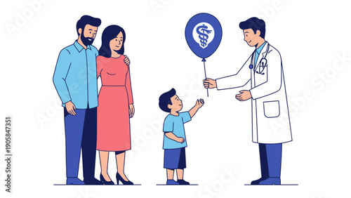 Family Health Balloon: A heartwarming illustration depicts a family receiving a health-themed balloon from a doctor, symbolizing care, support, and well-being.