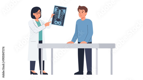 Medical Consultation: A healthcare professional points to an X-ray image, explaining the diagnosis to a patient, fostering communication and care.