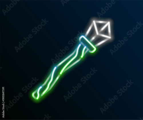 Glowing neon line Magic staff icon isolated on black background. Magic wand, scepter, stick, rod. Colorful outline concept. Vector