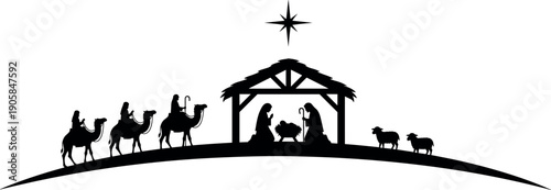 Christmas Nativity Scene Silhouette Vector Illustration with Holy Family Three Wise Men and Star of Bethlehem