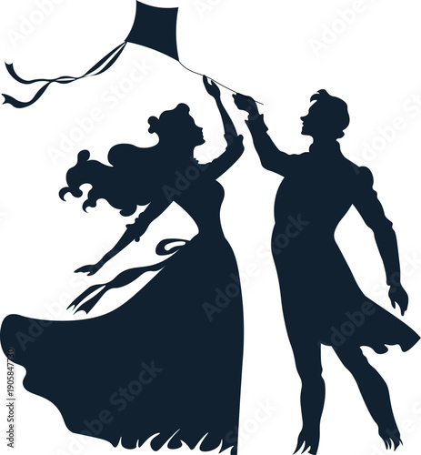 Romantic silhouette illustration of a man and woman flying a kite together. Concept of love, relationship, freedom, harmony, dreams and shared moments. Elegant minimal design isolated on white backgro