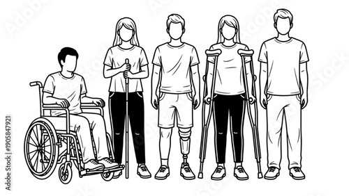 High-quality black line art of people of different abilities, including wheelchair users, standing together, diversity and inclusion