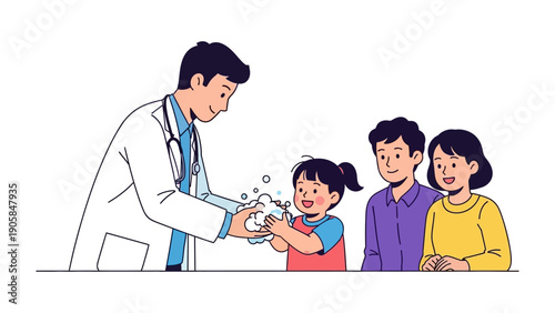 Health check and hygiene: A doctor guiding a young child in washing hands, with a parent in the background, promoting hygiene.
