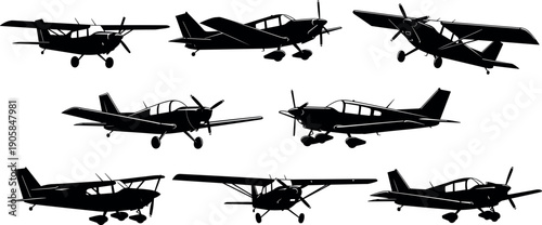 Private light aircraft airplane silhouette vector collection featuring propeller plane set for general aviation transport, flight design and air travel.