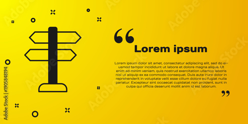 Black Road traffic sign. Signpost icon isolated on yellow background. Pointer symbol. Isolated street information sign. Direction sign. Vector