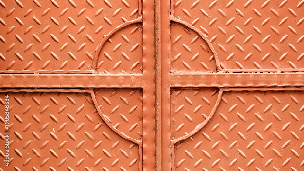 Naklejka premium Close-up of orange diamond plate metal with a circular geometric cross design. Industrial non-slip texture and embossed pattern on a heavy-duty steel gate or warehouse floor.