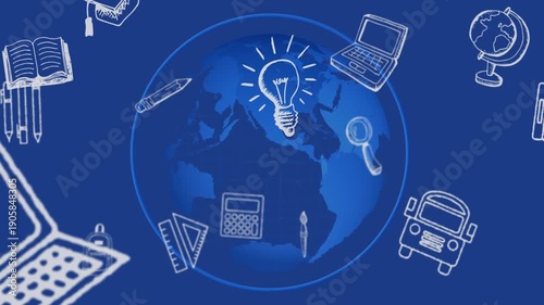 Light bulb brightening sketch icons orbiting blue globe, magnifier moving, emphasizing education
