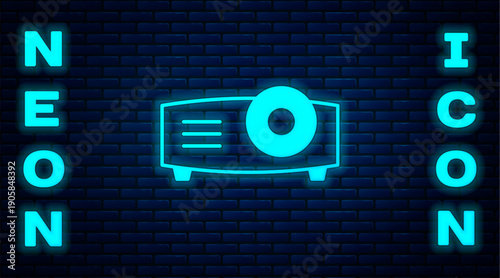 Glowing neon Presentation, movie, film, media projector icon isolated on brick wall background. Vector