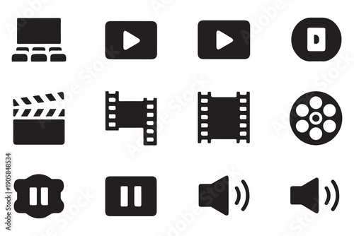 Black and white icons for cinema, video playback, audio controls and film elements