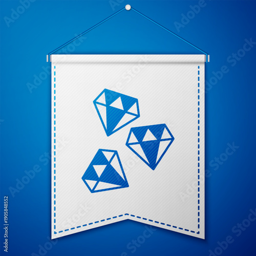 Blue Gem stone icon isolated on blue background. Jewelry symbol. Diamond. White pennant template. Vector