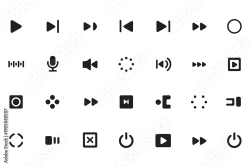 Set of black multimedia control icons isolated on a white background, including play, pause, and stop buttons